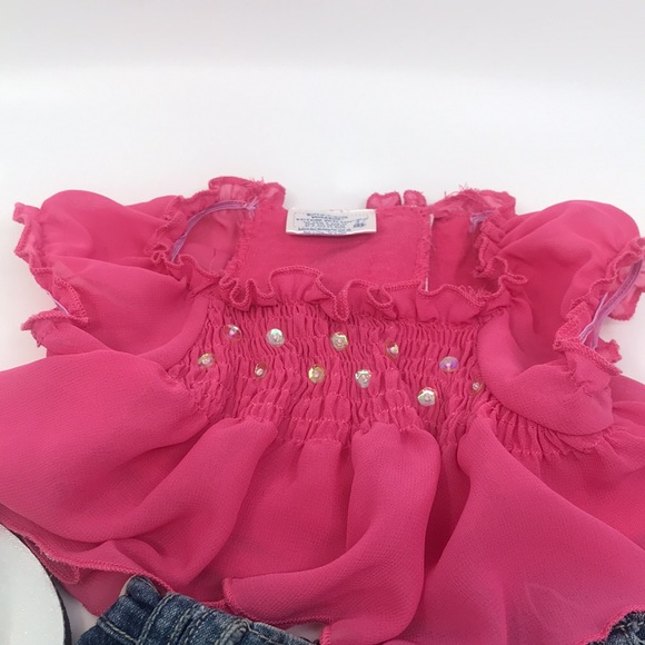 Build A Bear Outfit Pink Chiffon Top, Jeans and Jewelled Metallic Sandals - Picture 2 of 7